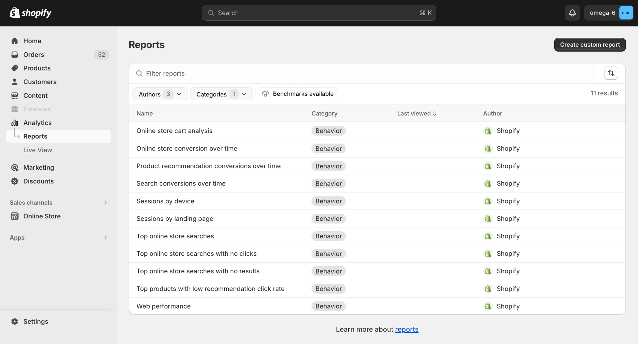 interface of shopify behavior reports