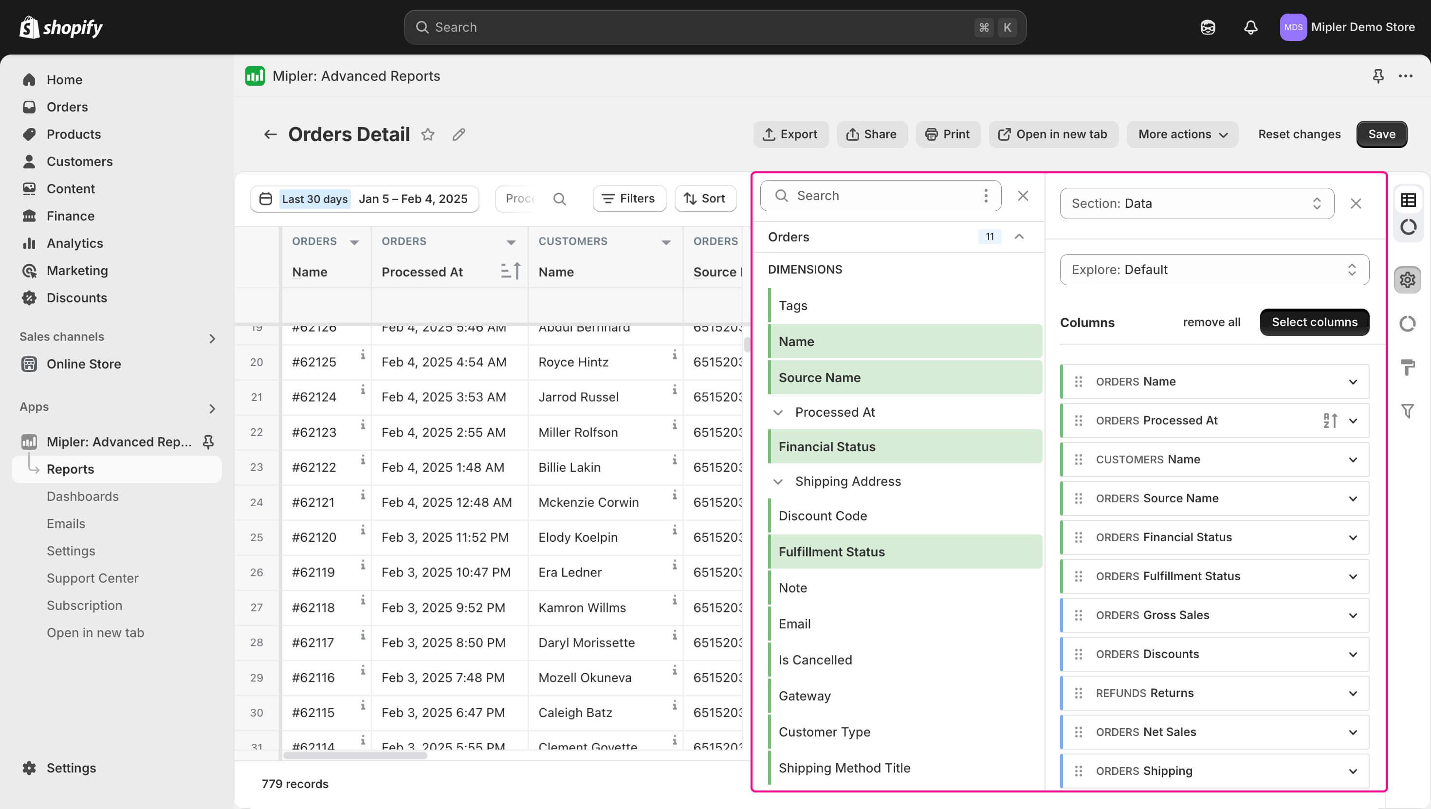 Spalten aus der Bestelltabelle