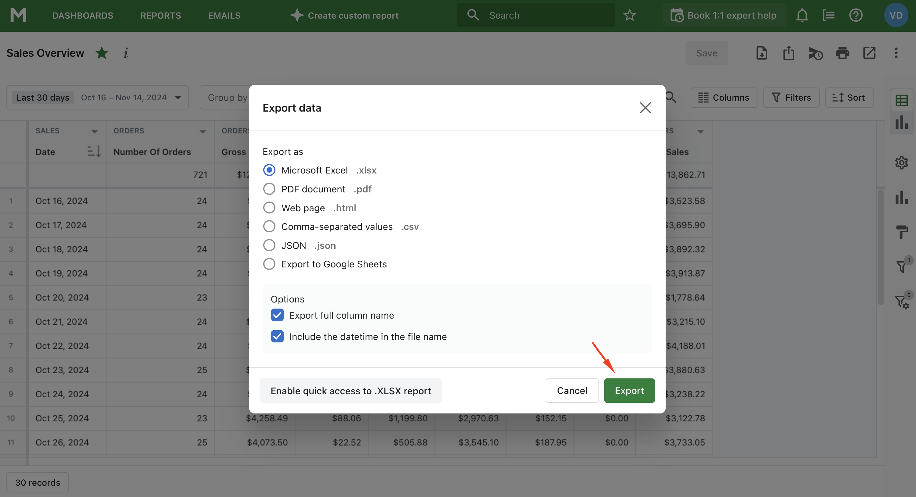 Jak eksportować Raport Podsumowania Sprzedaży. Krok 2.