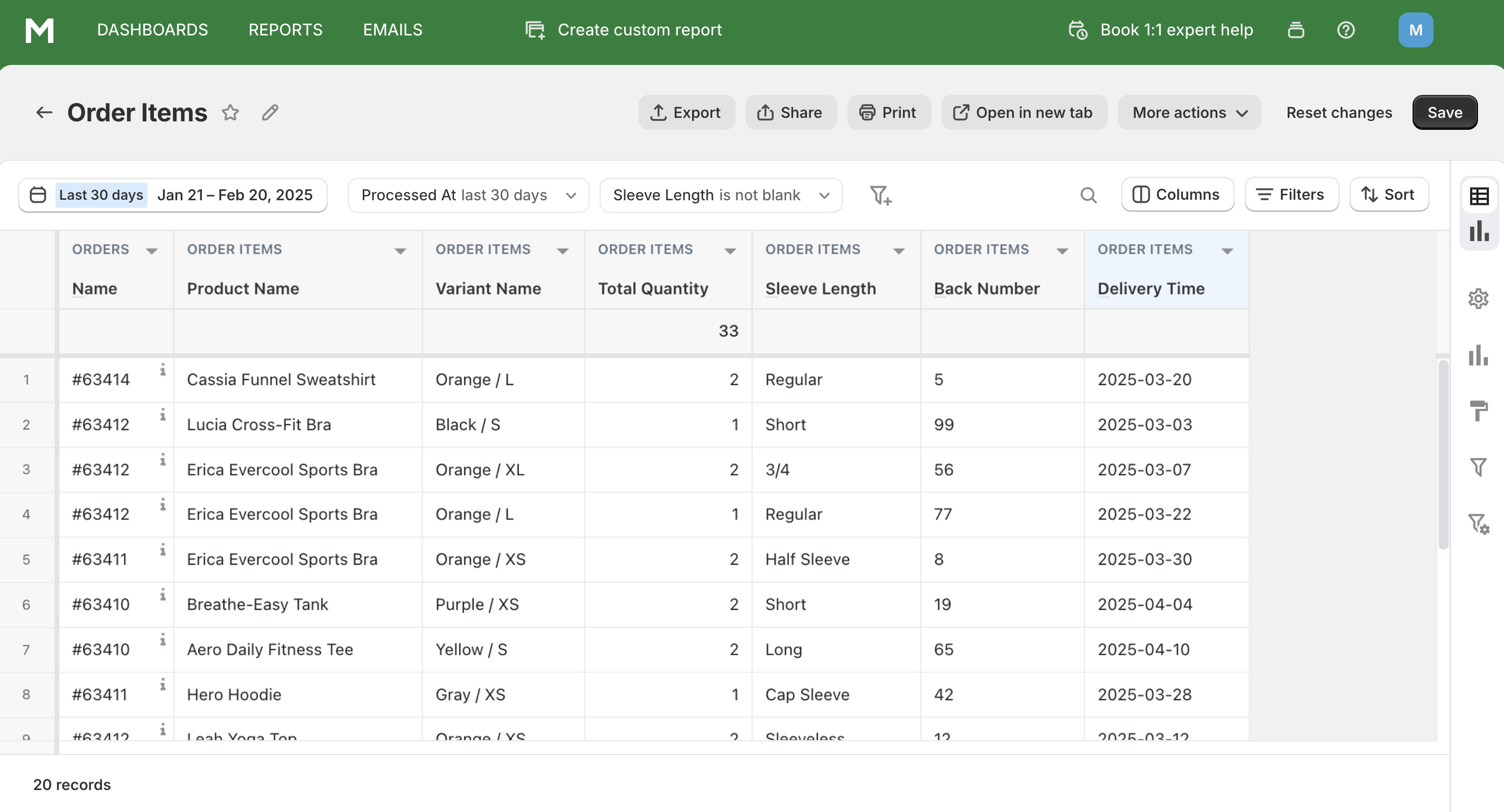 Ejemplo de informe de línea de pedido con propiedades