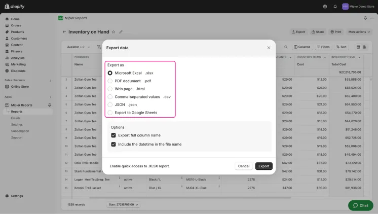 On hand export data
