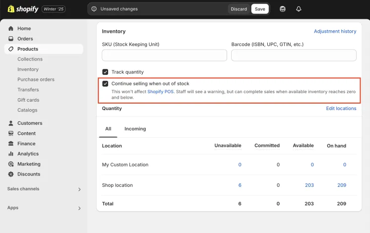 Shopify Variant Inventory Policy