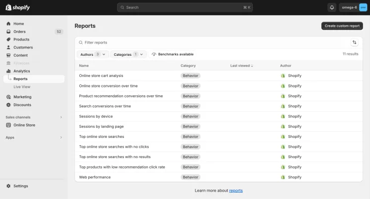 interface of shopify behavior reports