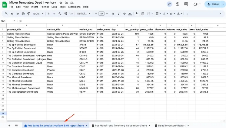 Past exported report on the first tab