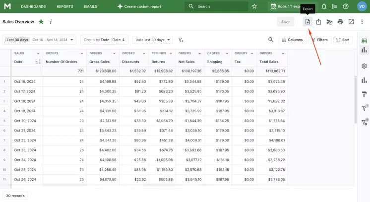How to export Sales Overview Report. Step 1.