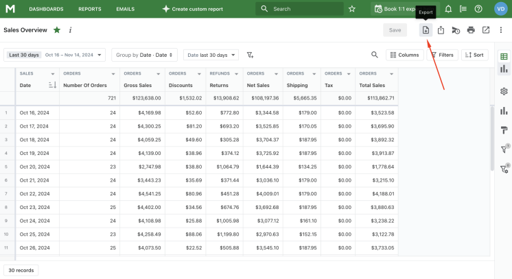 How to export Sales Overview Report. Step 1.