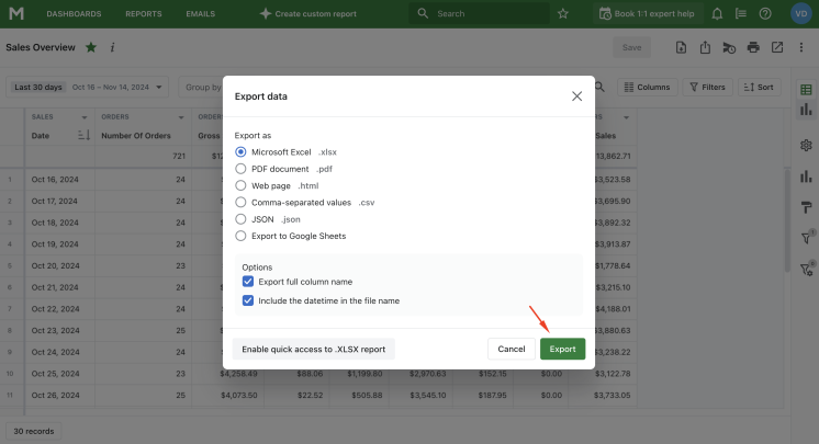 How to export Sales Overview Report. Step 2.