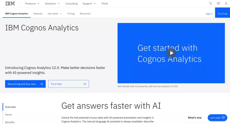 The screenshot demonstrates the interface of IBM Cognos Analytics app