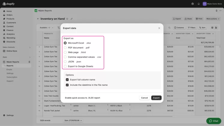 On hand export data