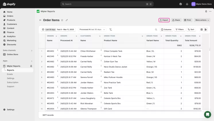Order items export