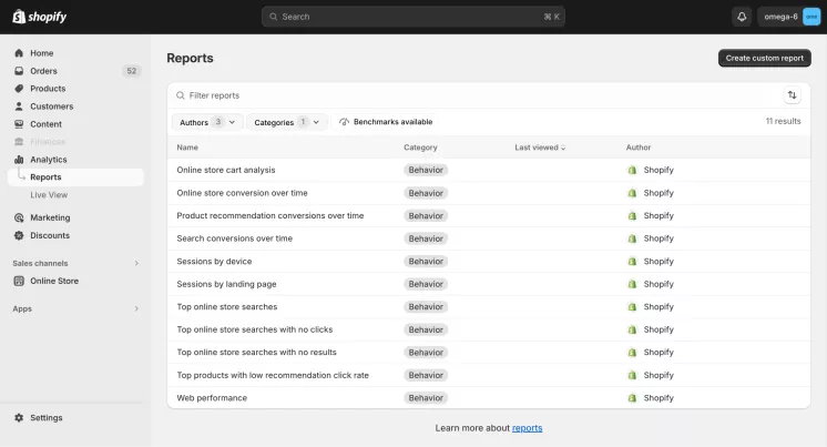 interface of shopify behavior reports