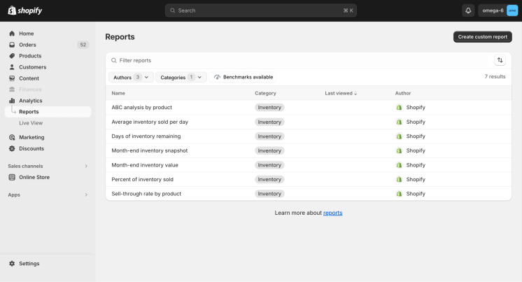 interface of shopify inventory reports