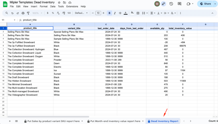 Navigate to Dead Inventory Report tab