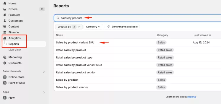 Open Sales by product variant SKU report