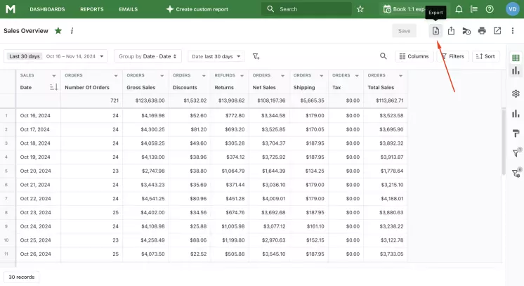 How to export Sales Overview Report. Step 1.