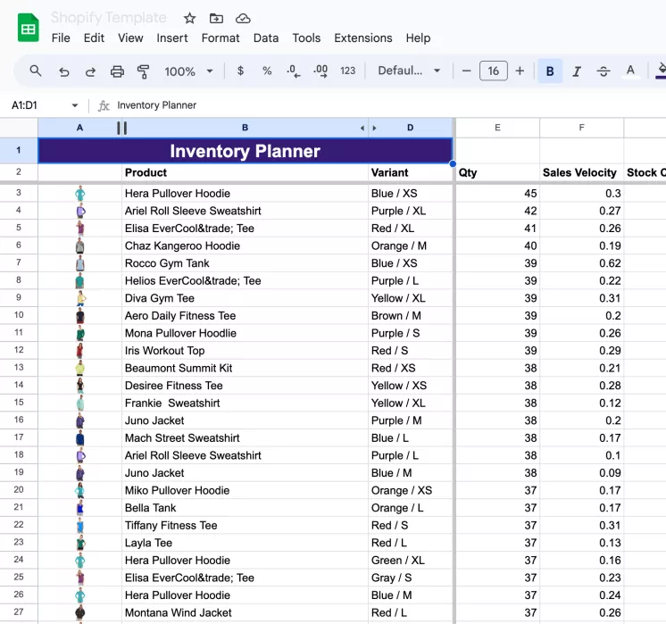 shopify inventory planning in google sheets