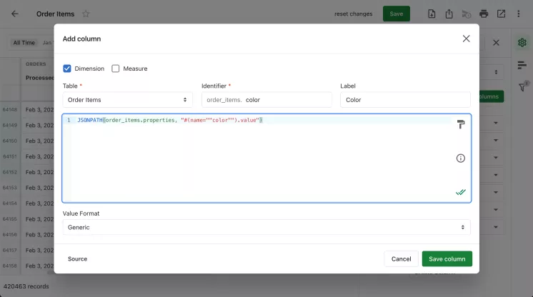 new column by order item properties