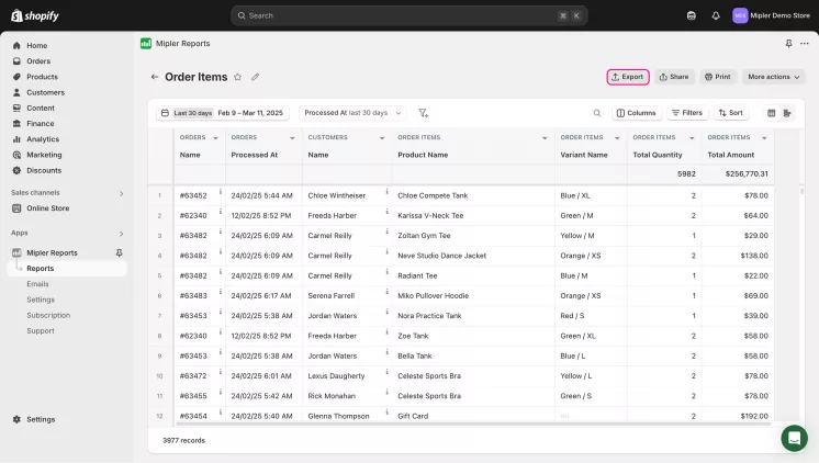 Order items export