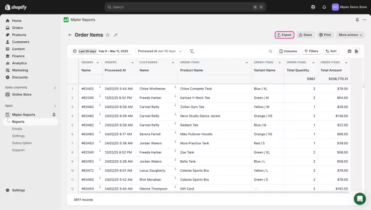 Order items export