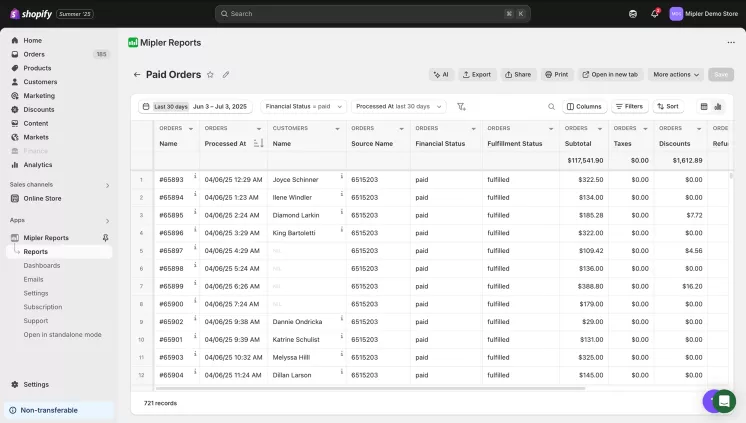 Shopify paid orders report
