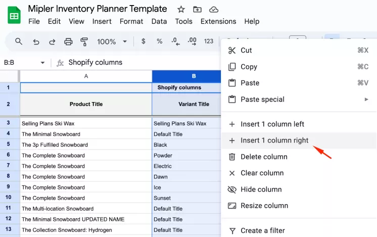 How to paste a column