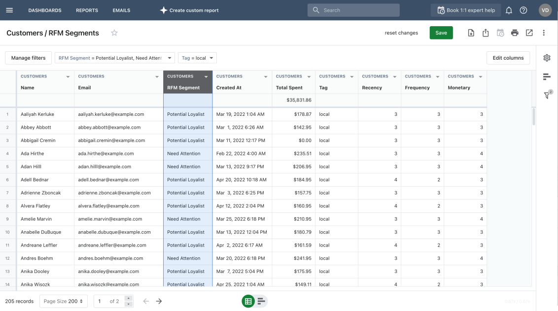 Shopify RFM segments report