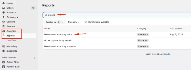 Month-end inventory value report