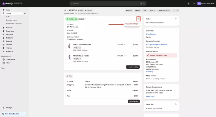 How to Unfulfill Order step 2