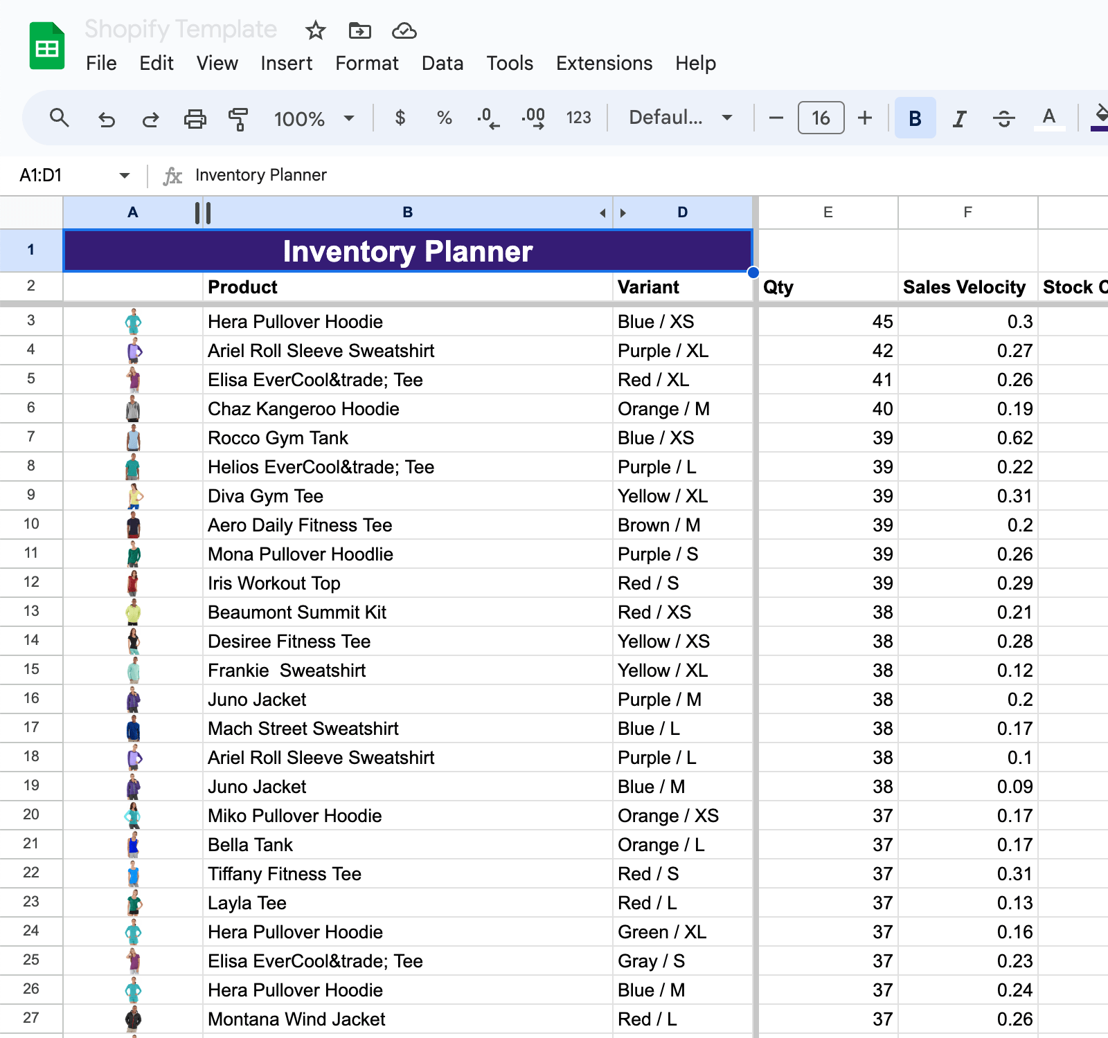 shopify inventory planning in google sheets