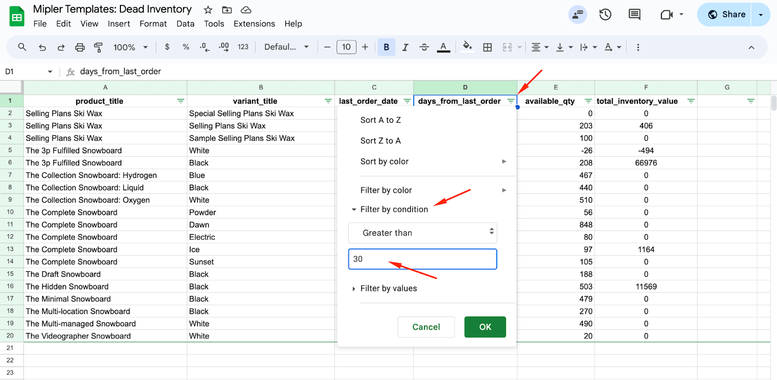 Nu kun je een filter toevoegen om producten zonder bestellingen in de afgelopen 30 dagen of langer weer te geven