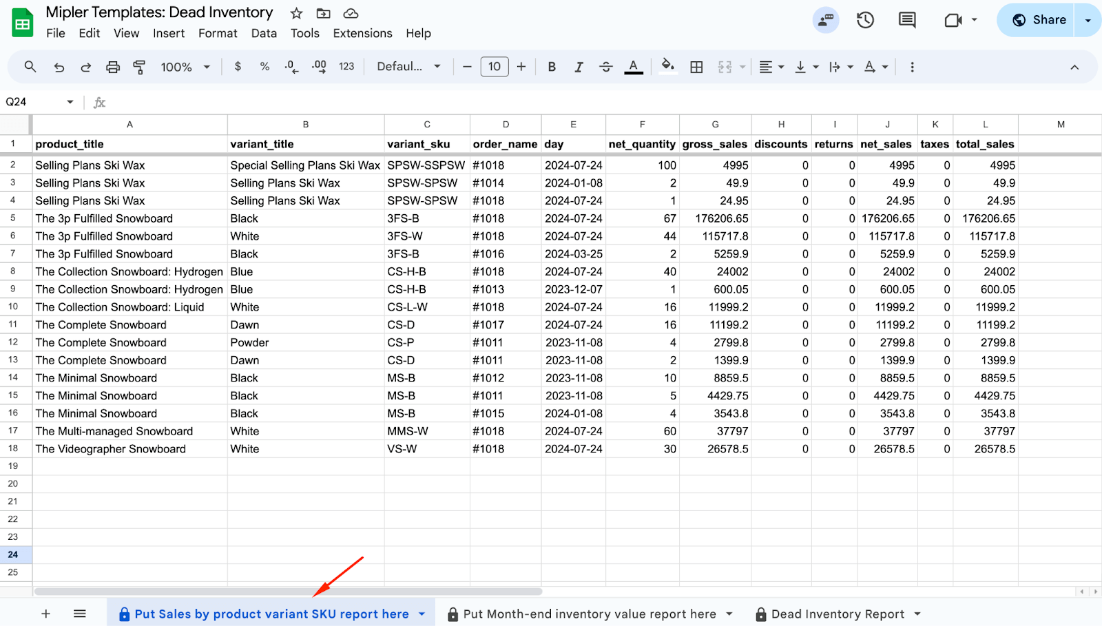 Plak het geëxporteerde rapport op het eerste tabblad